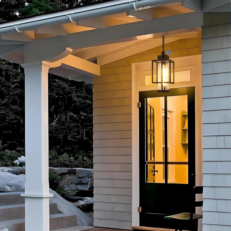 Osimir Outdoor Pendant Light, 16" Dusk to Dawn Exterior Chandelier Porch Hanging Light with Clear Glass, Modern Black Outdoor Hanging Lantern for Porchs Gazebo, OS-KY1006 - Image 4